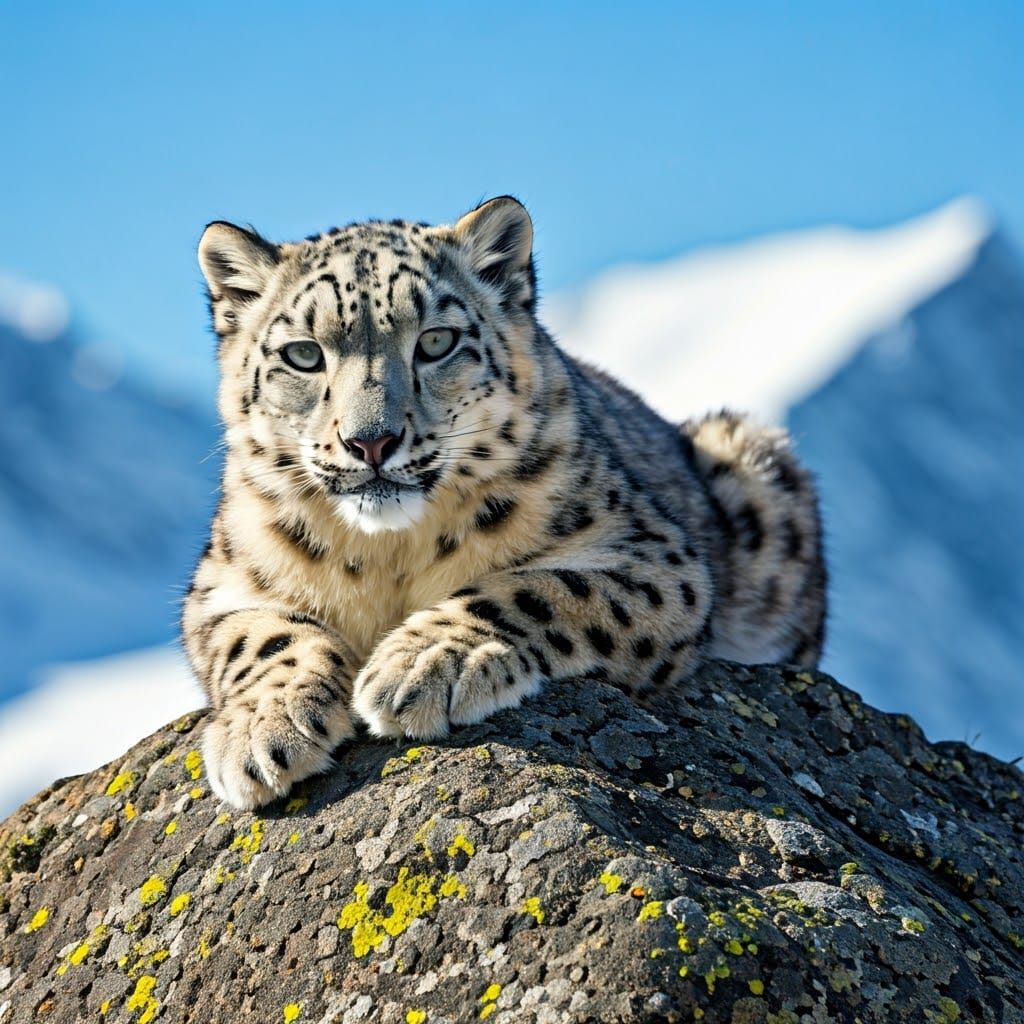 Snow Leopard Crouching in Snowy Mountains