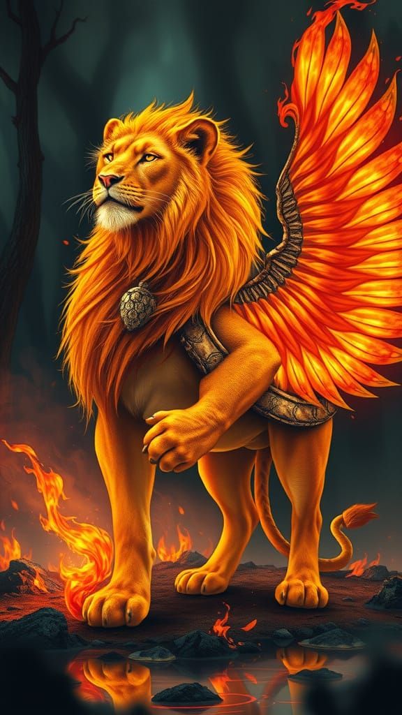 Majestic Lion in Fiery Armor, Wings, and Shell