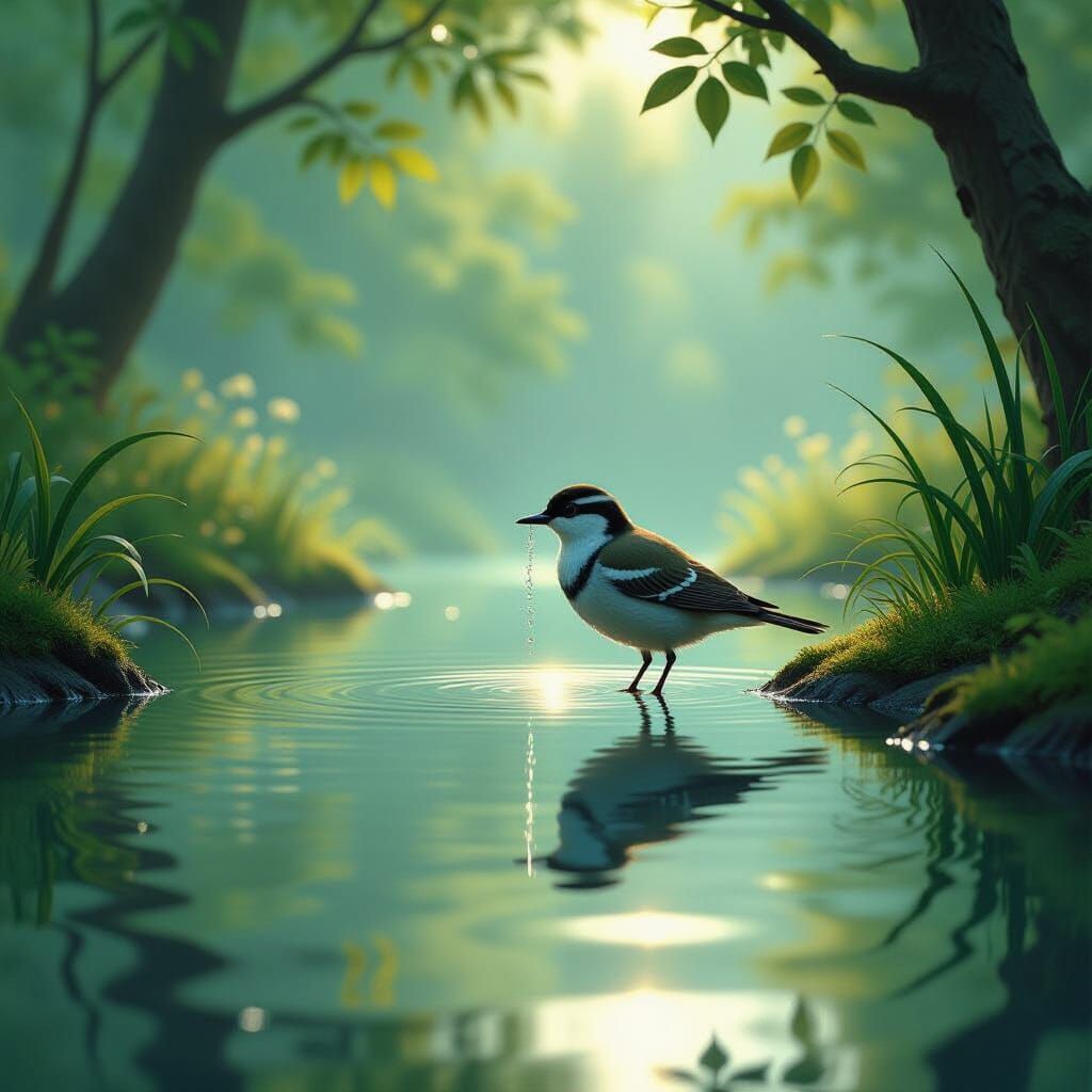 Bird at Pond: Serene Reflection, Cinematic Lighting