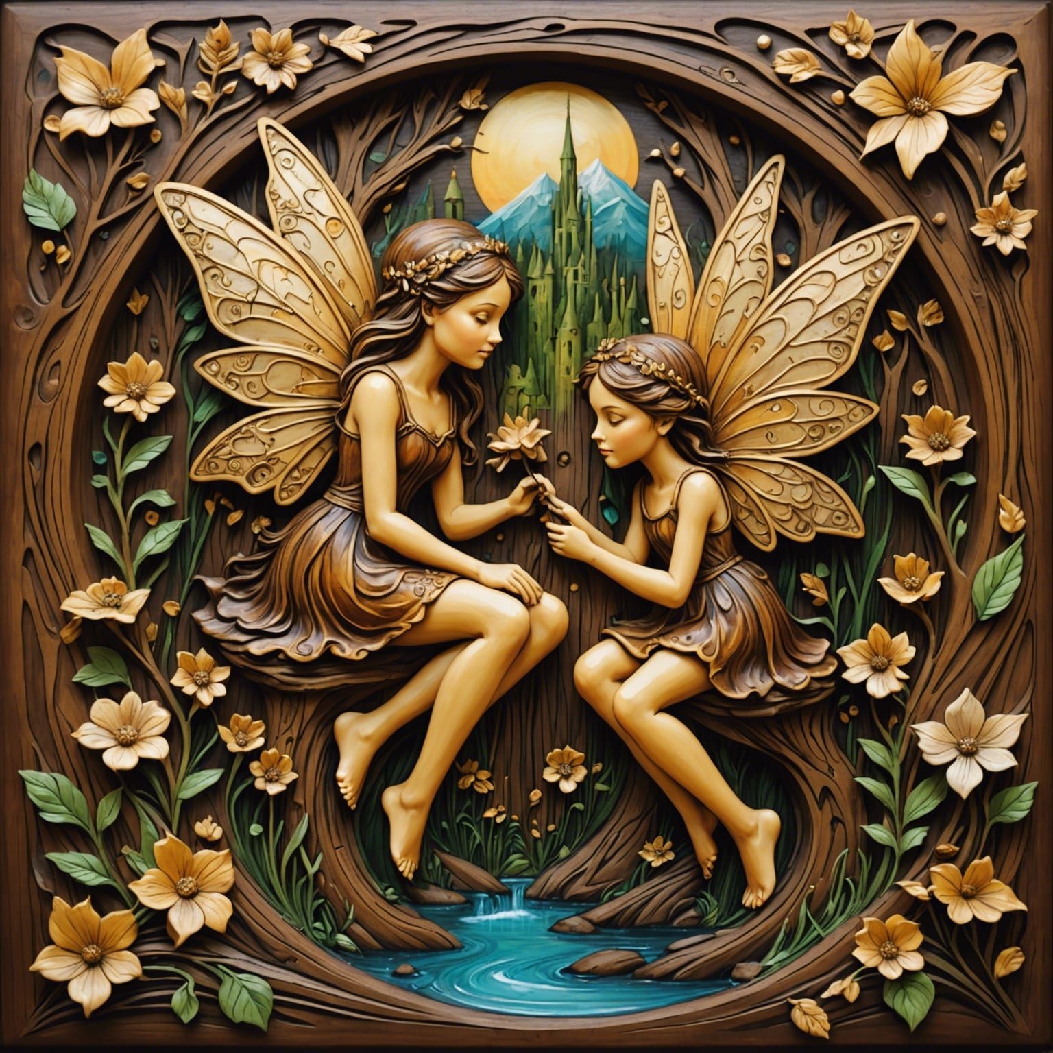 Detailed Wood Carving of Fairies and Princess