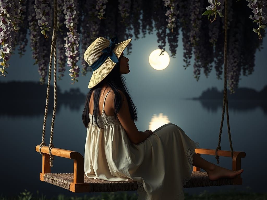 Contemplative Woman on Lakeside Swing in Monochrome