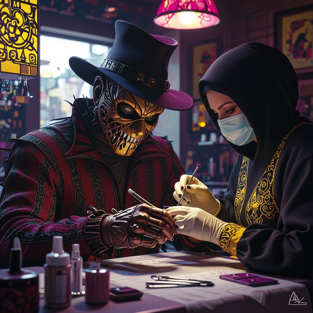 Freddie Krueger's Nail Salon Visit in Dark Fantasy Style