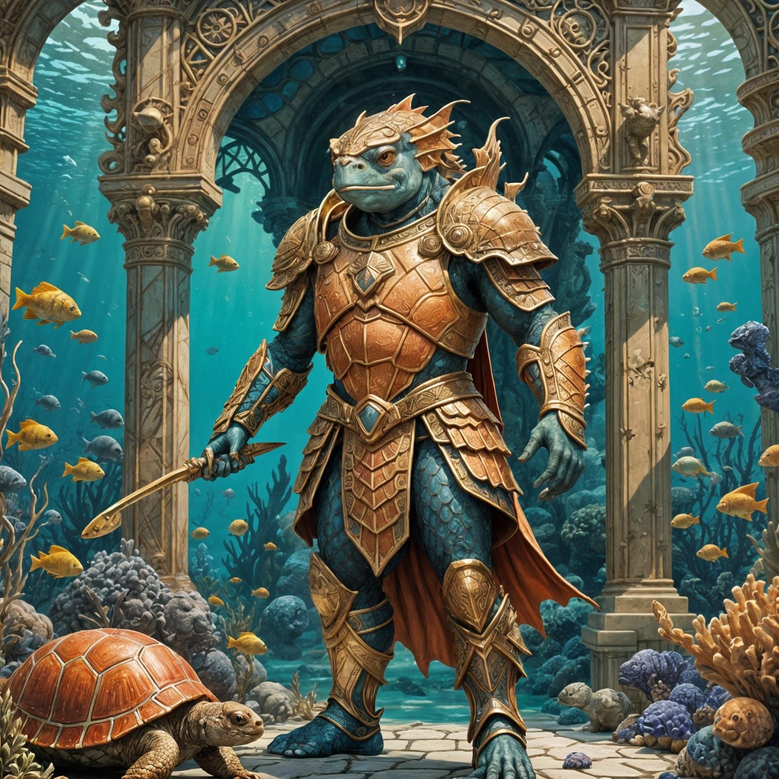 Atlantean Fish-Man Guardian in Underwater Palace