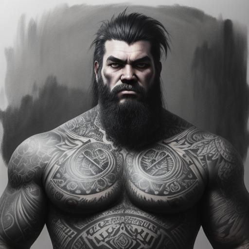 Hyperdetailed Charcoal Drawing of Tattooed Man