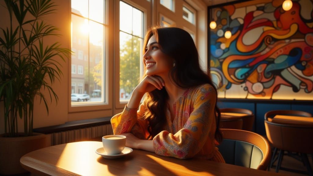 Cozy Café Scene with Woman Sipping Coffee