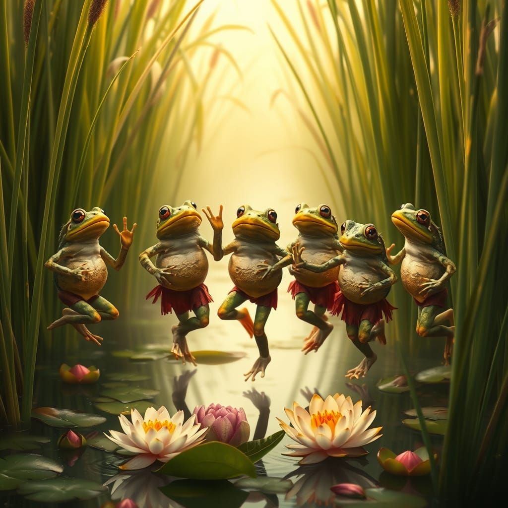 Frogs Dancing in Marsh in Detailed Clothing