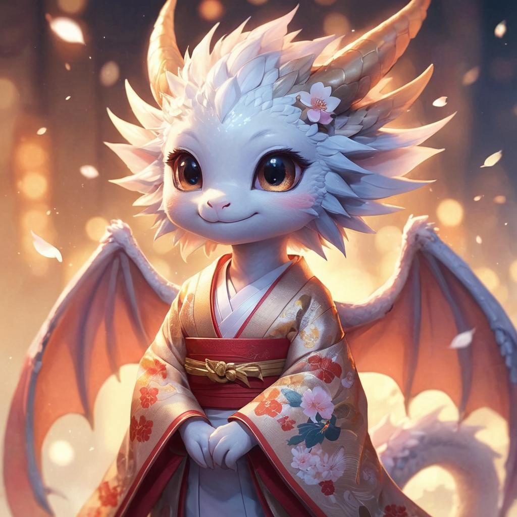 Adorable Kimono Dragon in Anime Style