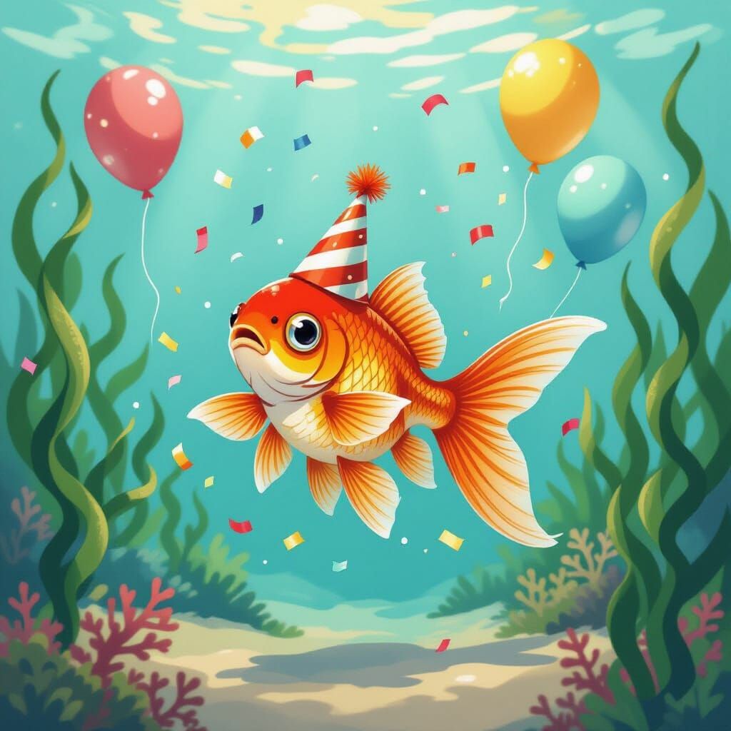 Underwater Goldfish Party in Whimsical Watercolor Style