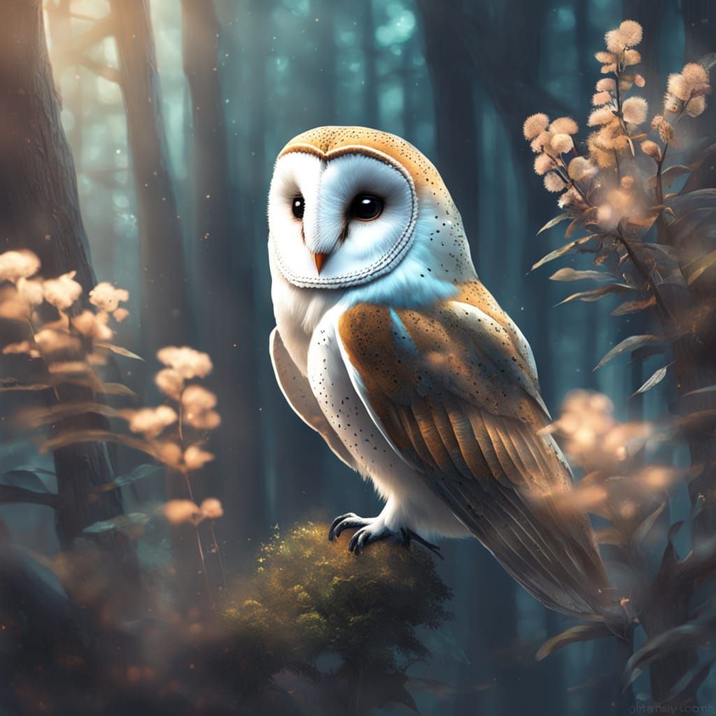 Ethereal Barn Owl in Mystical Forest: Surreal Digital Art
