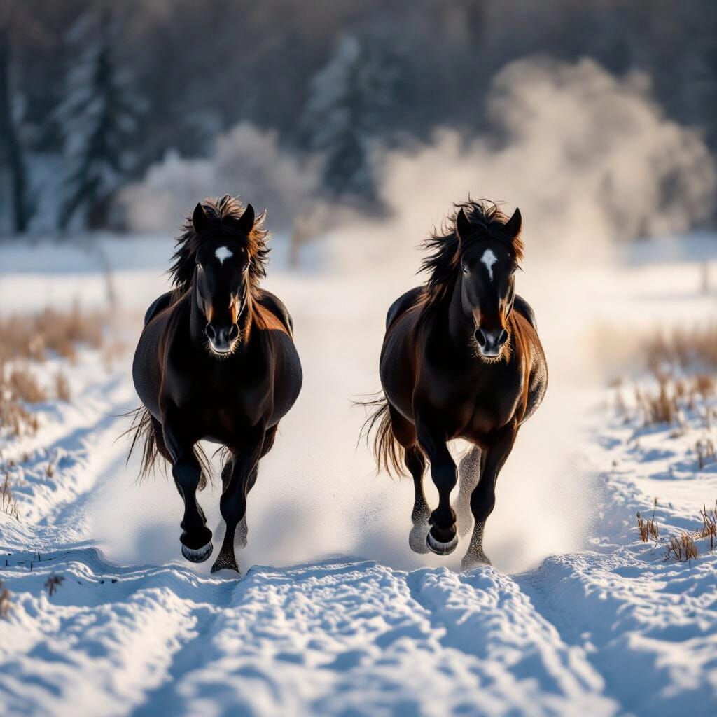Black Horses Galloping Through Snowy Field