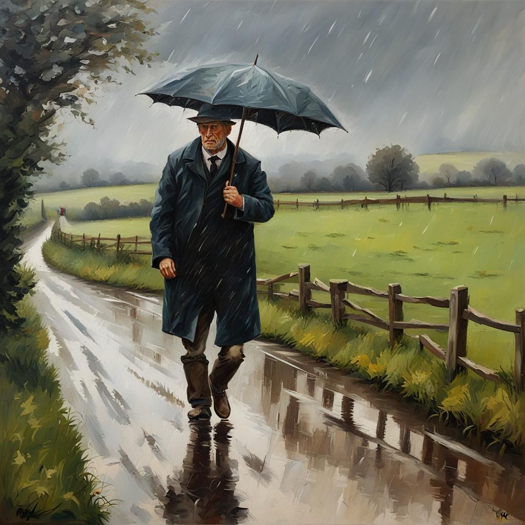 Rainy Man in English Countryside Oil Painting
