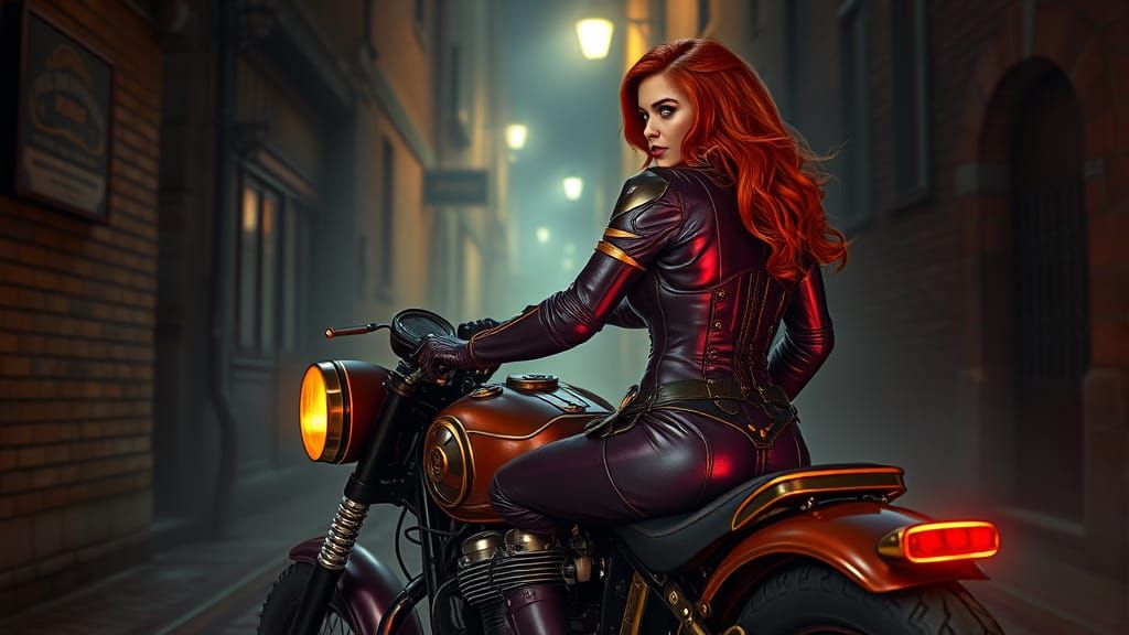 Steampunk Superhero Rides Through Foggy Alley