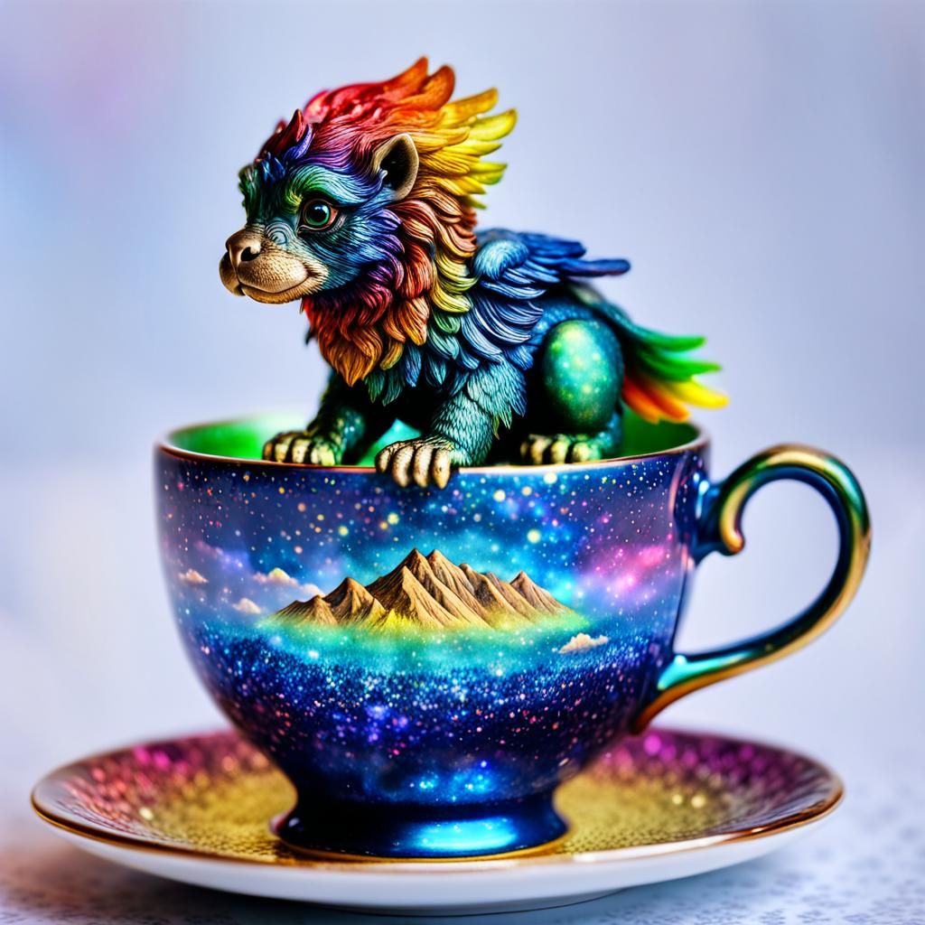 Glitter Rainbow Griffin in Teacup: Hyperrealistic Image