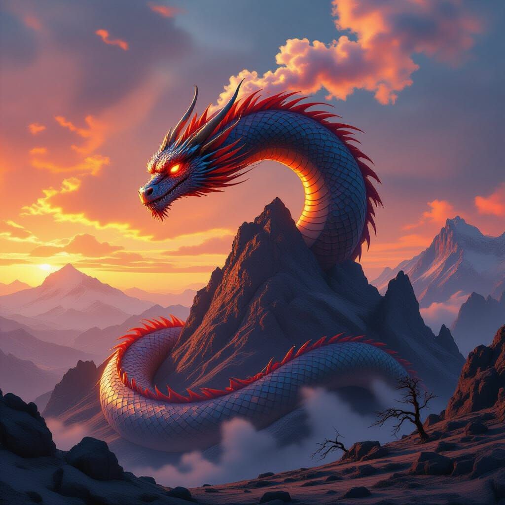 Dragon Coiled on Barren Peak in Cinematic Style