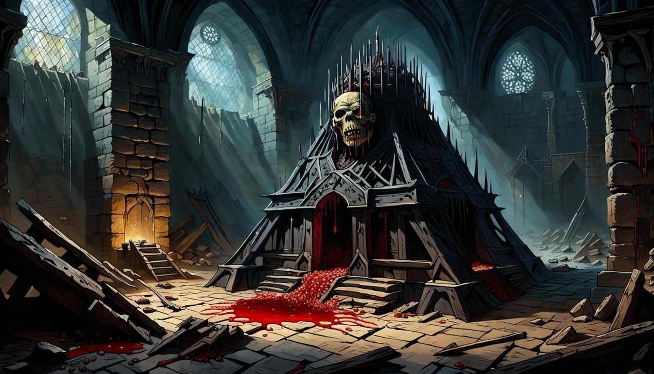 The torture device known as the Iron Maiden shown in the middle of an ancient dungeon