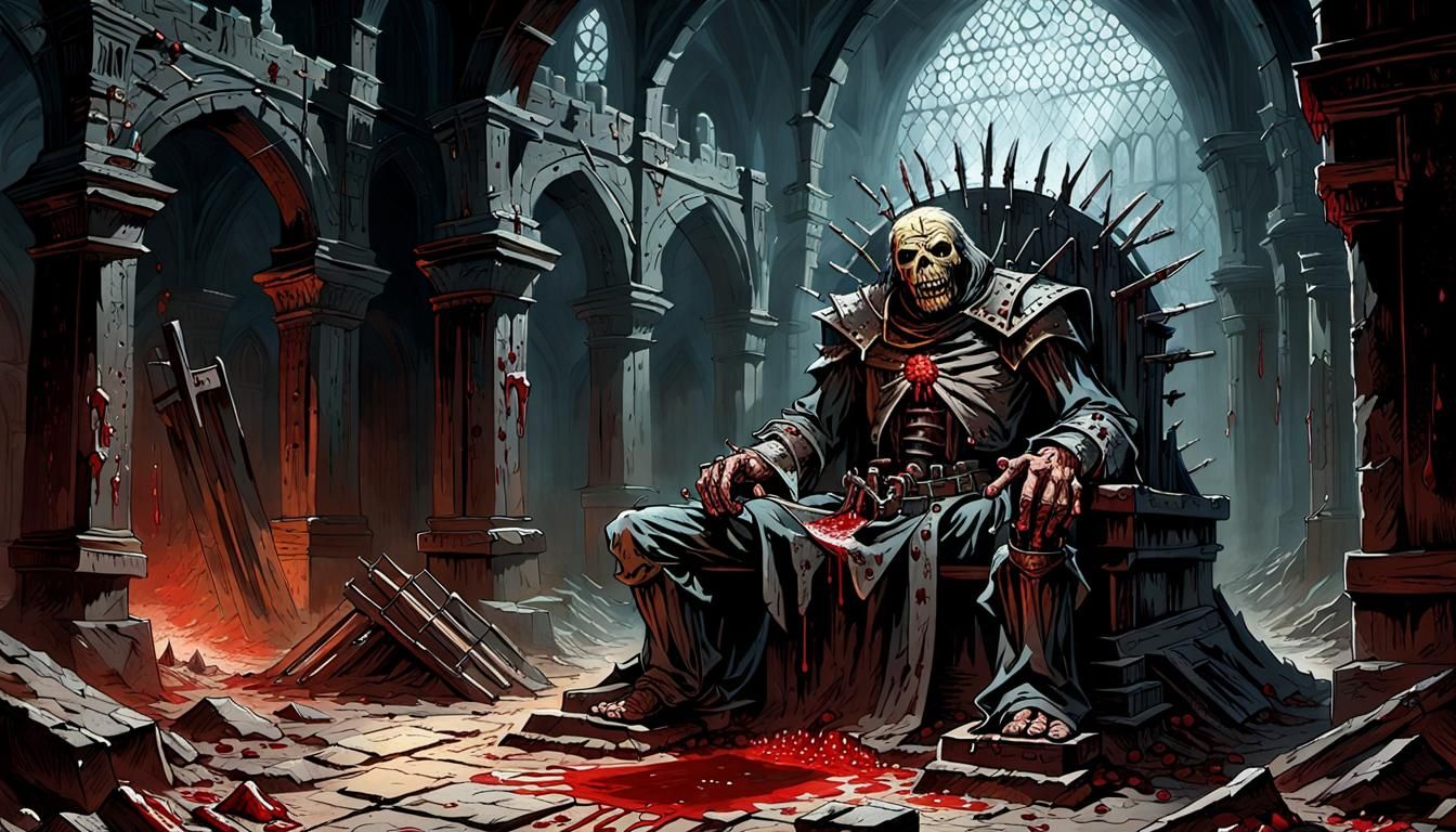 The torture device known as the Iron Maiden shown in the middle of an ancient dungeon