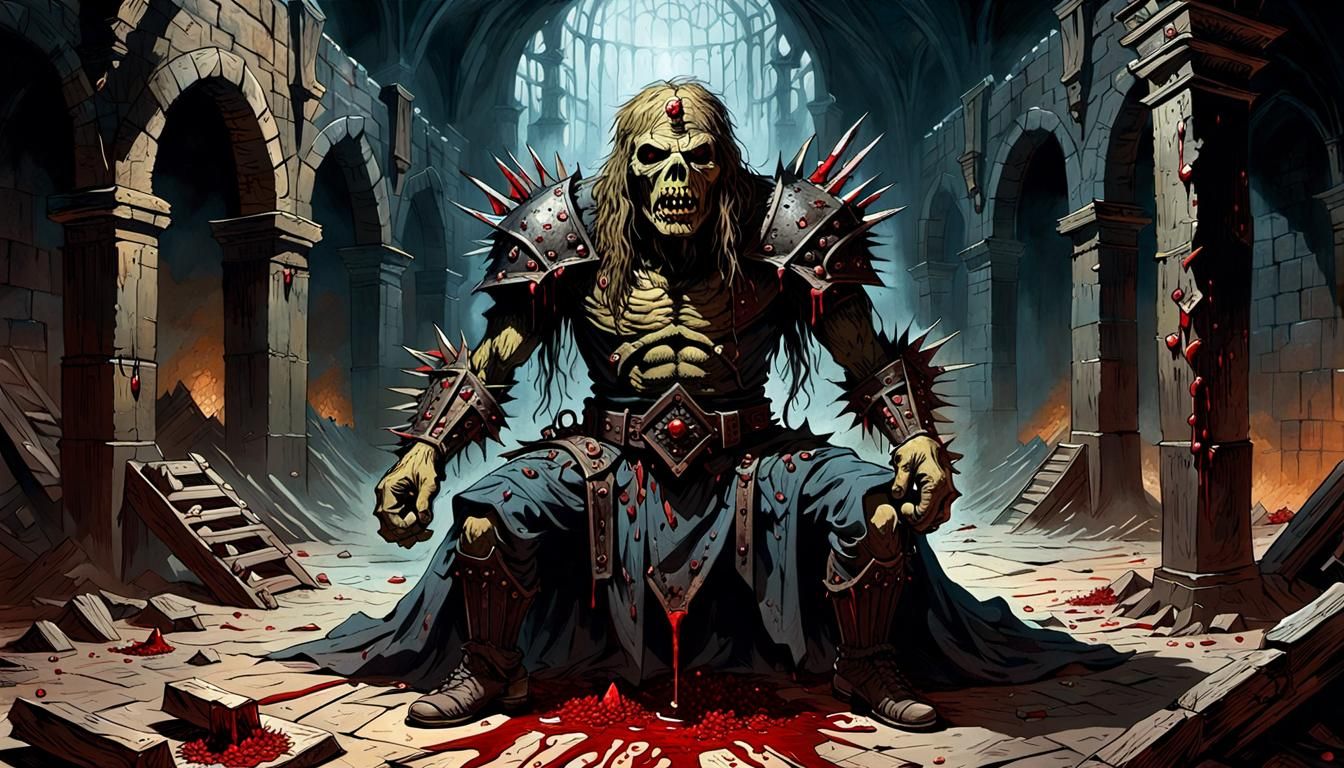 The torture device known as the Iron Maiden shown in the middle of an ancient dungeon