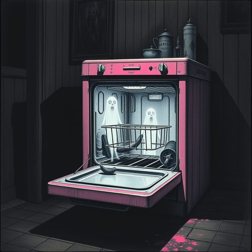 Haunted Pink Antique Dishwasher in Eerie Kitchen