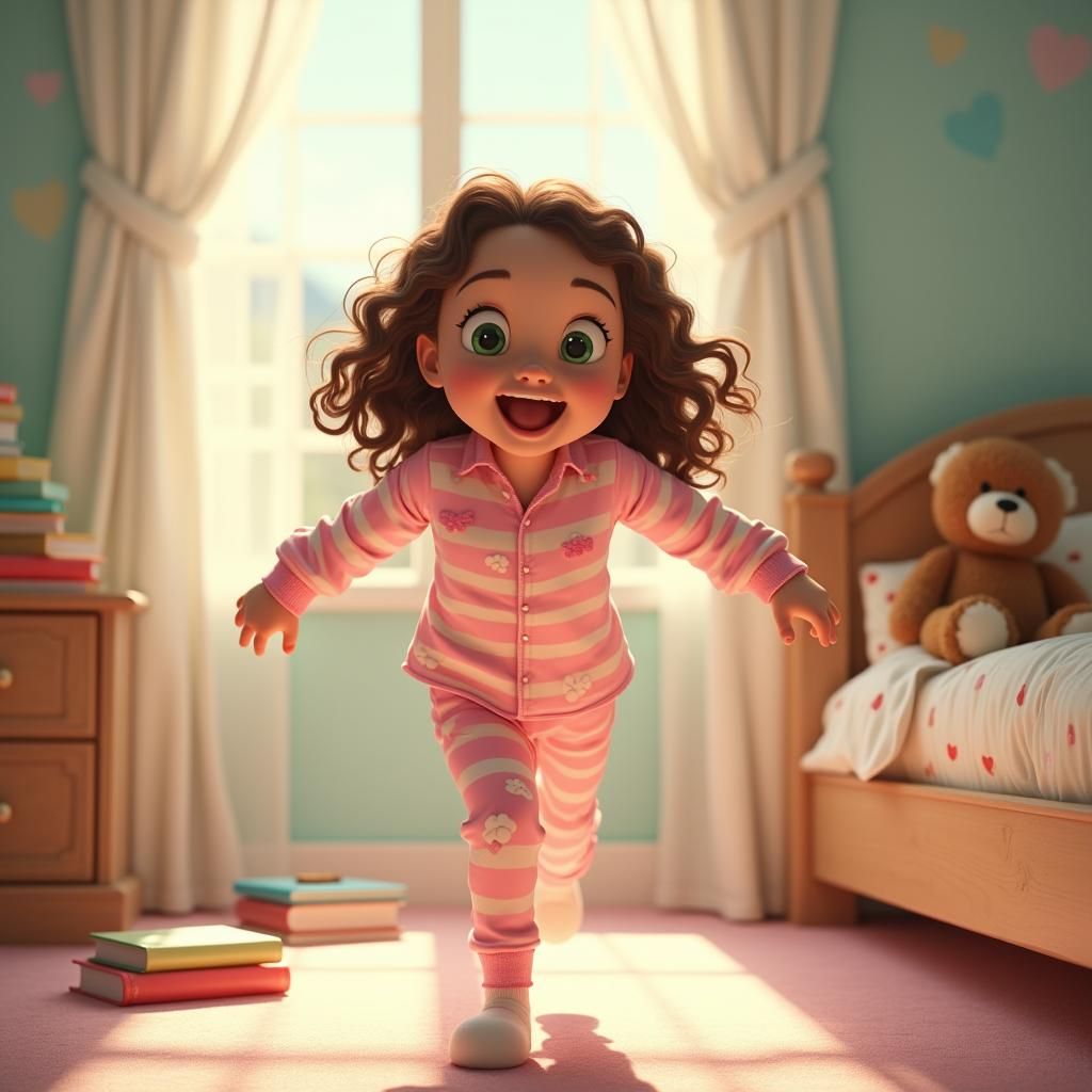 Joyful Girl Runs From Cozy Bedroom: Concept Art