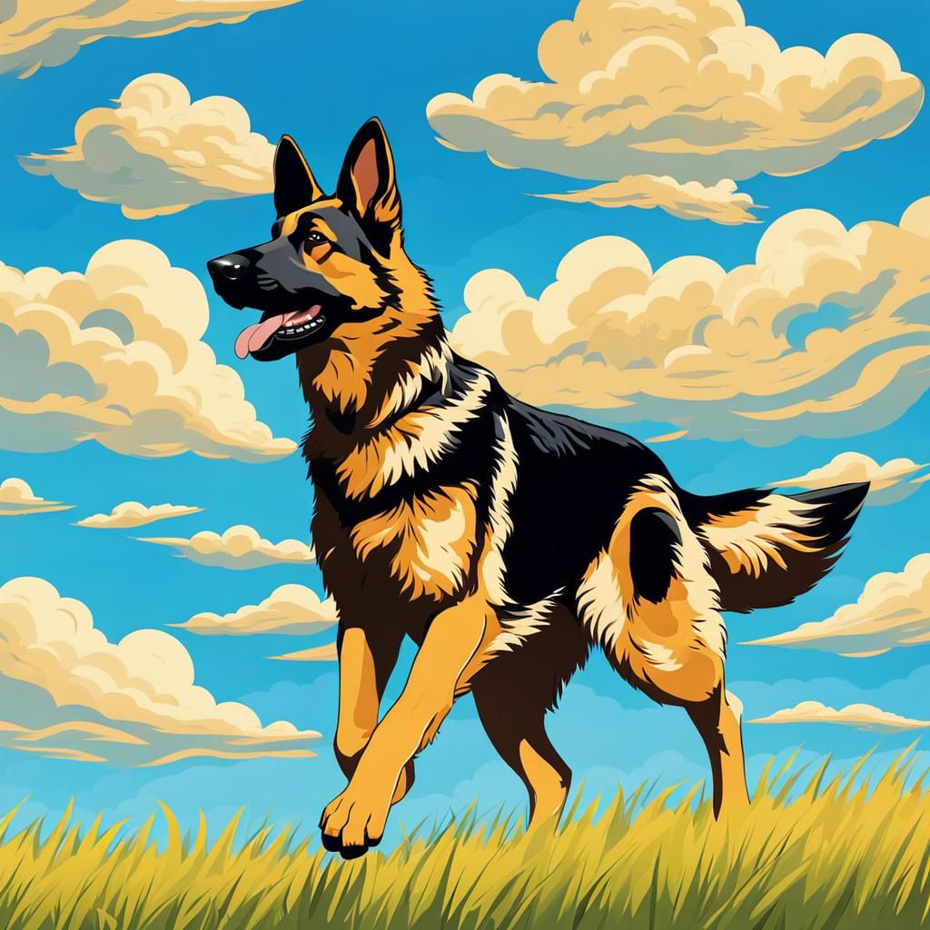 German Shepherd Runs Through Field with Simpsons Clouds