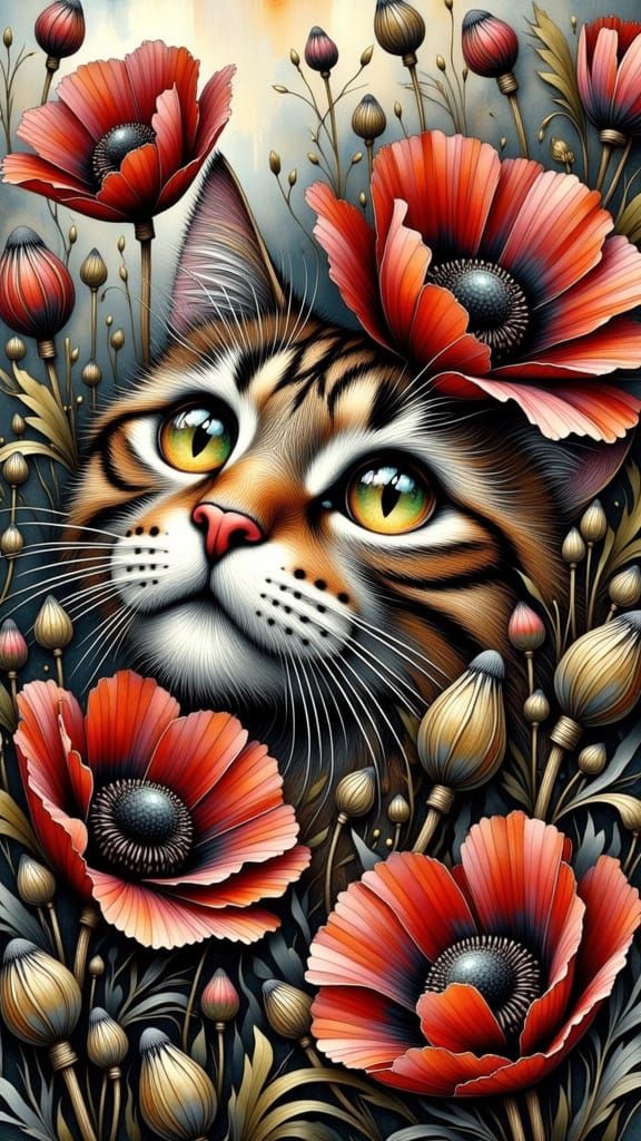 Whiskered Cat with Black Poppies, Art Nouveau Style