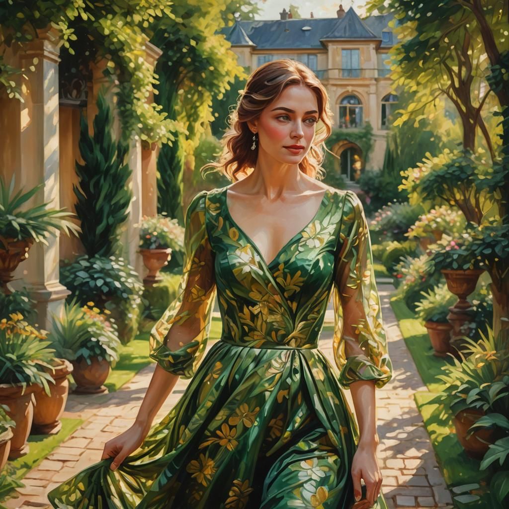 Romantic Woman in Lush Garden Oil Painting