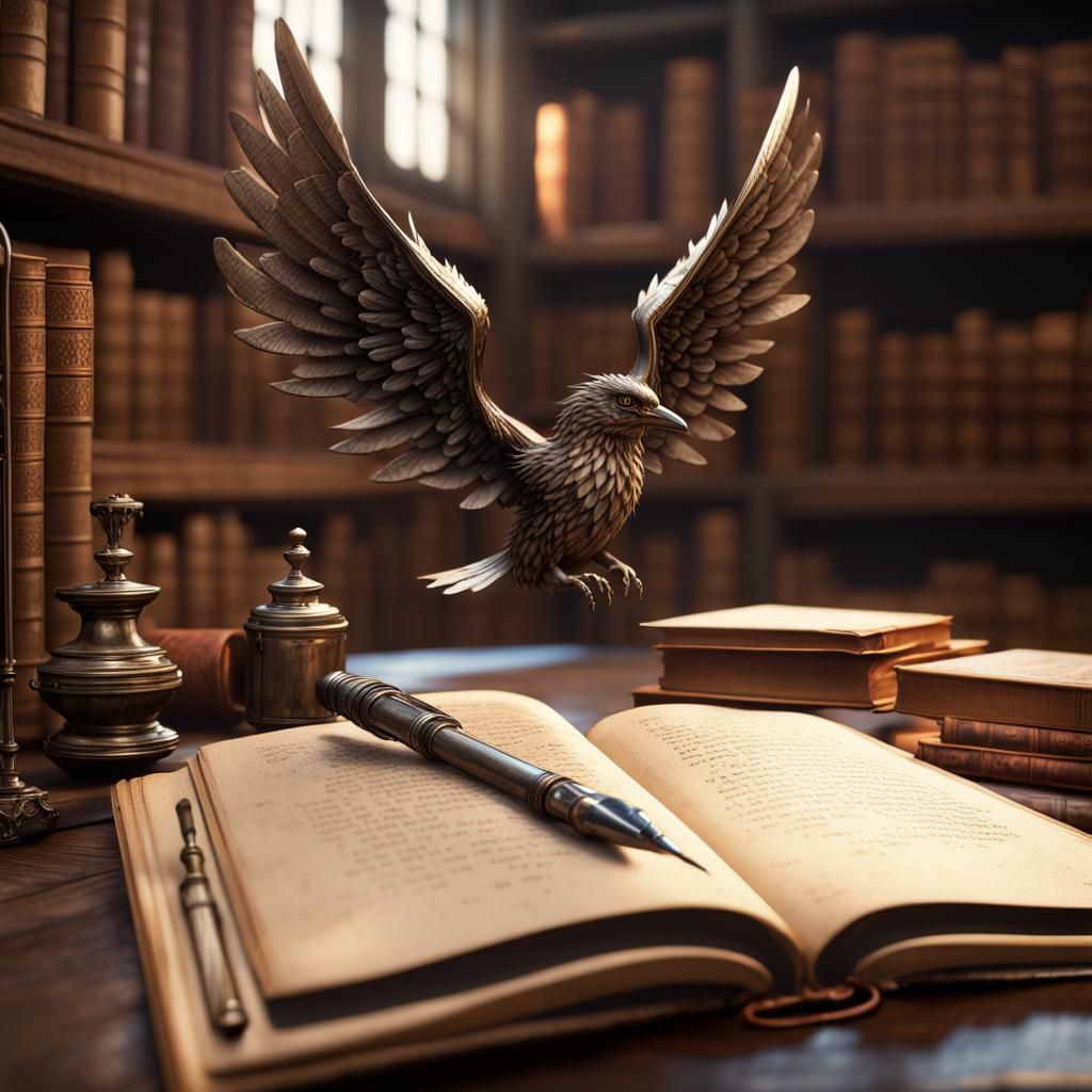 Winged Pen and Ink in Epic Library Scene