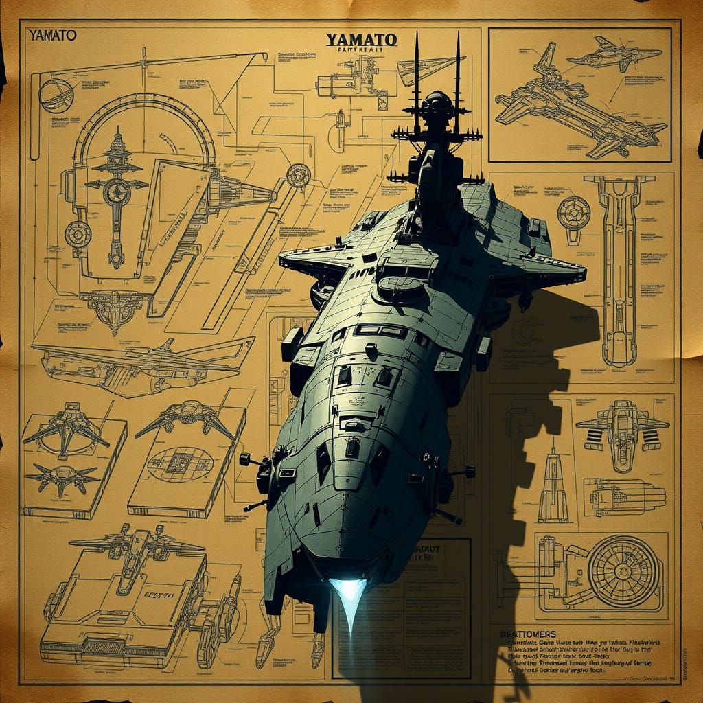 Space Battleship Yamato Schematics: Dystopian Futuristic Blu...
