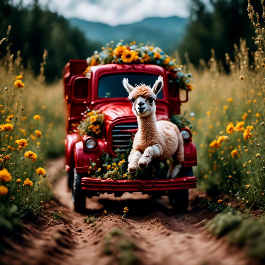 Baby Llama's Leap: Ultra-Realistic Truck Adventure