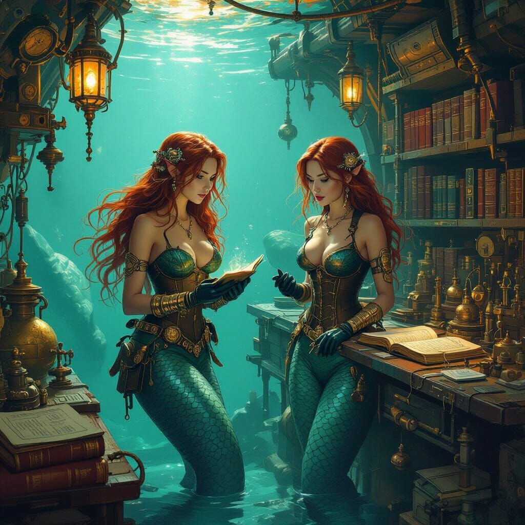 Underwater Steampunk Mermaid Laboratory in Oil Painting Styl...