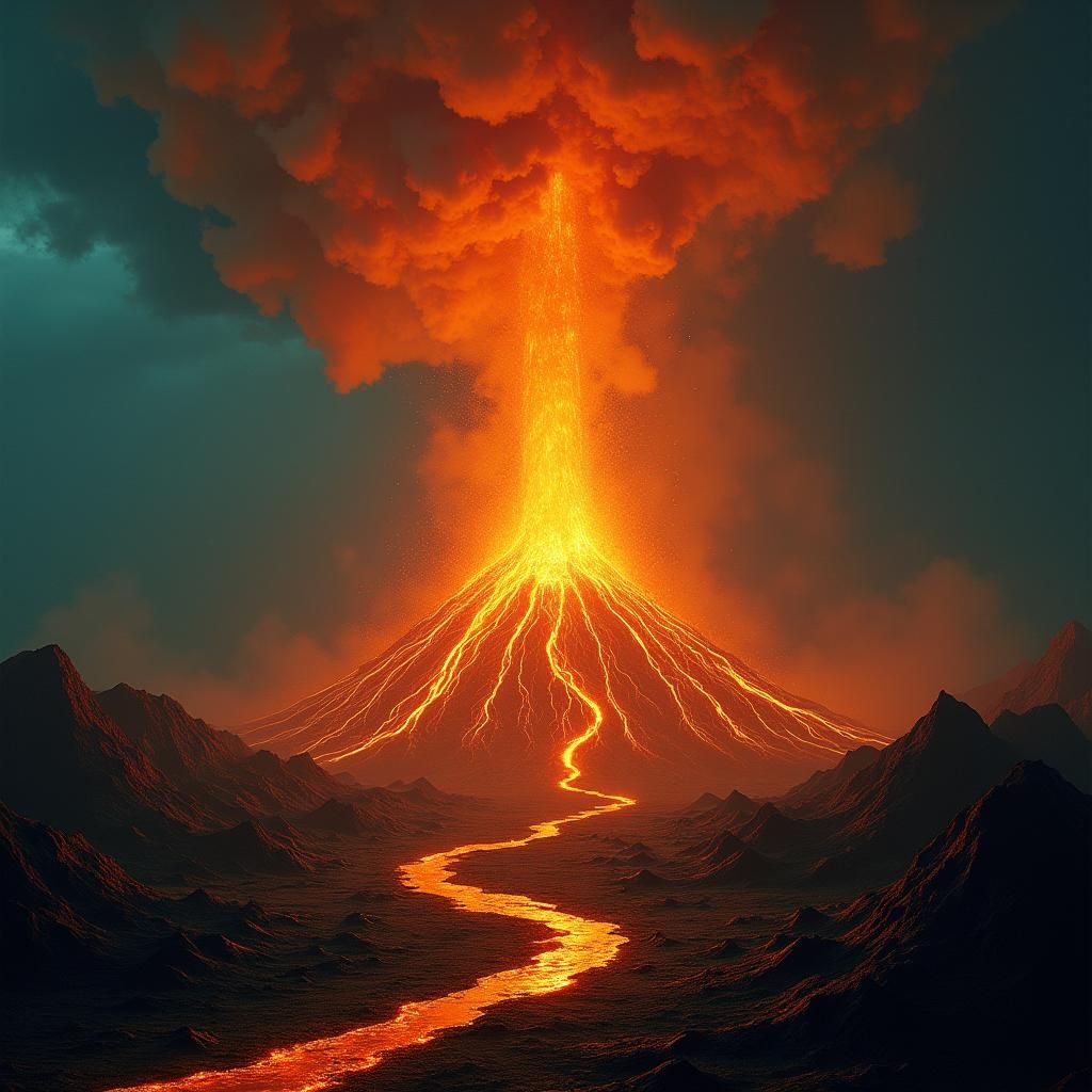 Volcano Eruption: Molten Lava in Stylized Landscape