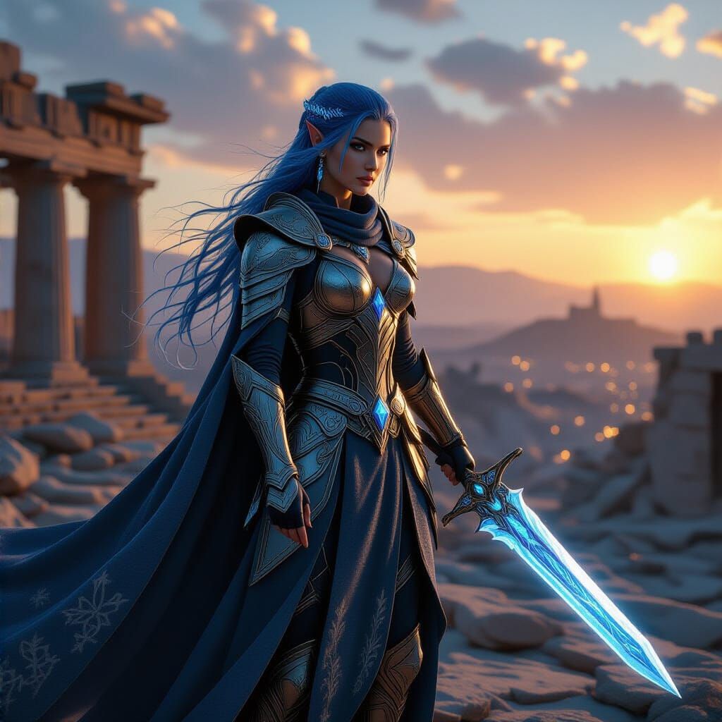 Heroic Fantasy Warrior in Sapphire Armor on Ruined Acropolis
