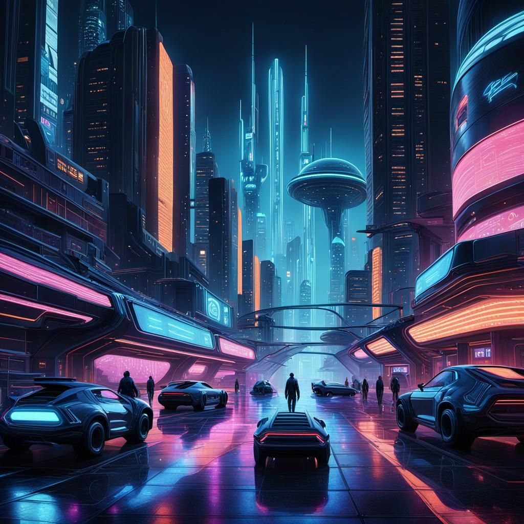 Glowing Space Metropolis in Neon Noir Aesthetic
