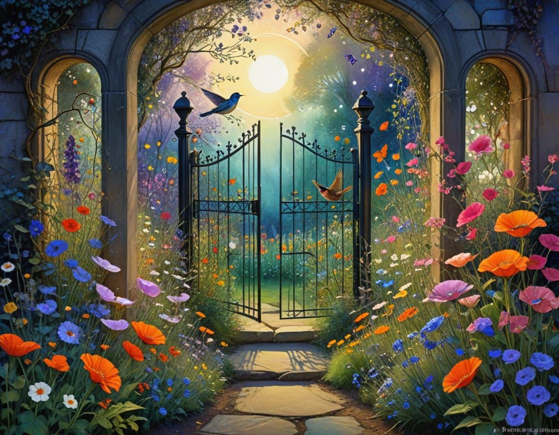 Whimsical Garden Oasis in Soft Evening Light