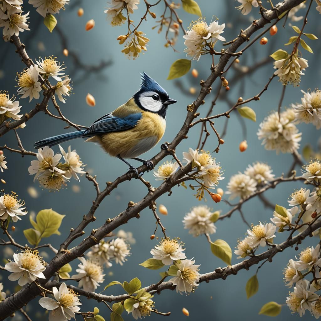 Titmouse on Linden Branch: Detailed Matte Painting