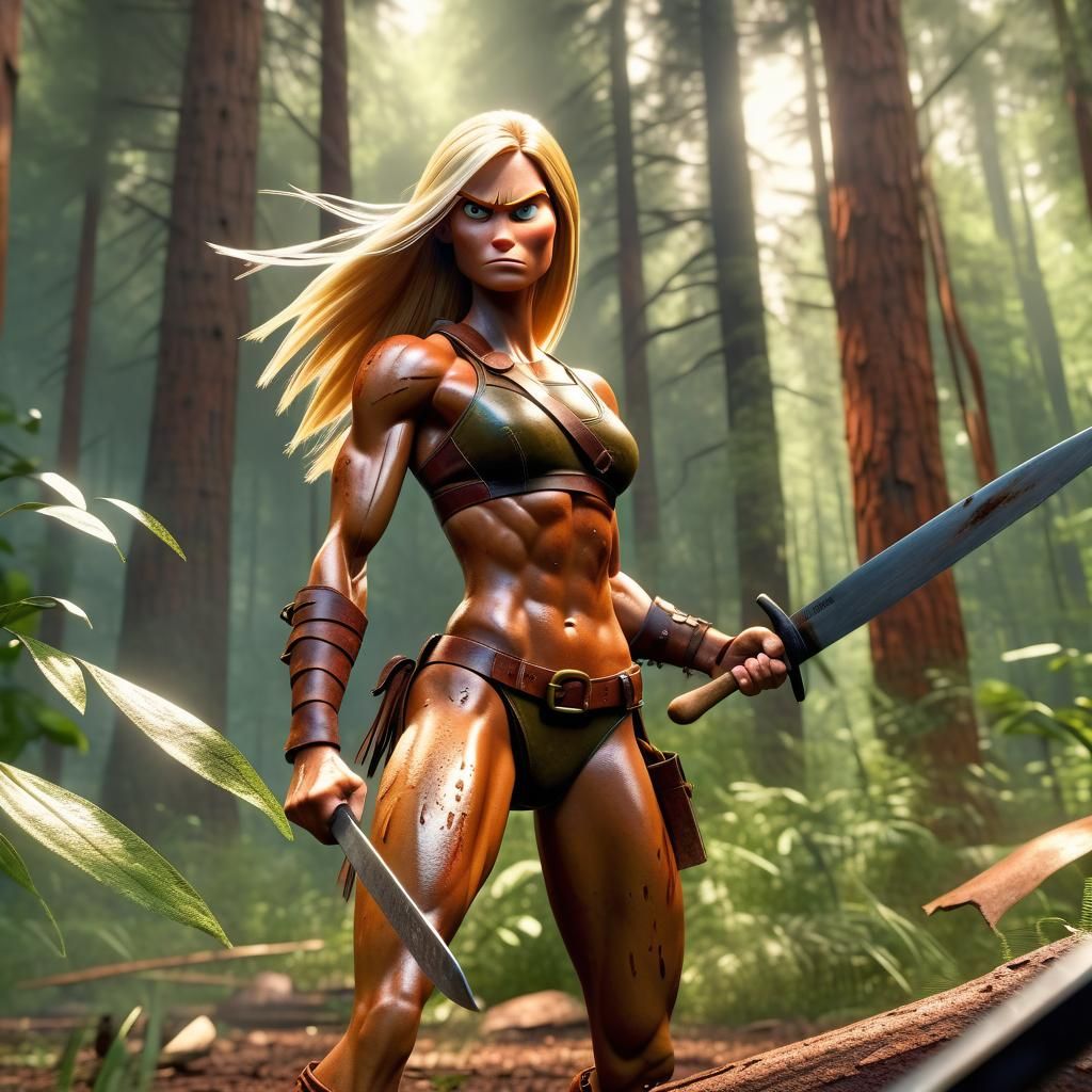 Bronze Warrior Chopping Brush in Jungle, Pixar Style