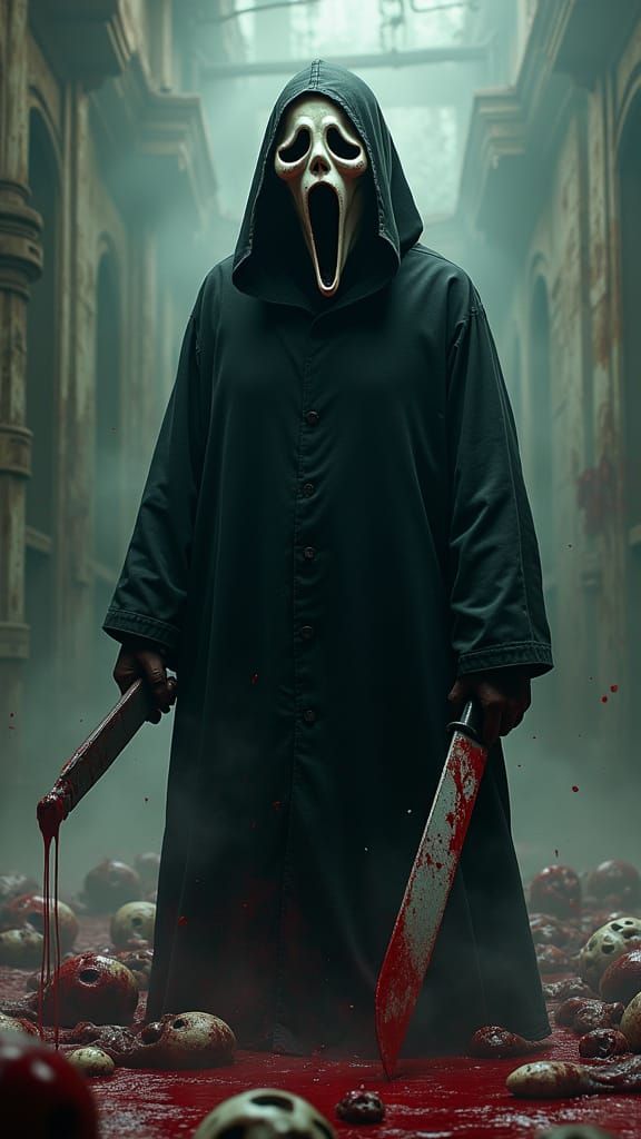 Ghostface Amidst Gruesome Scene in Ominous Style