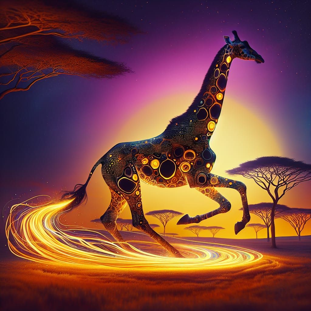 Surreal Giraffe Galloping Across Golden Savannah