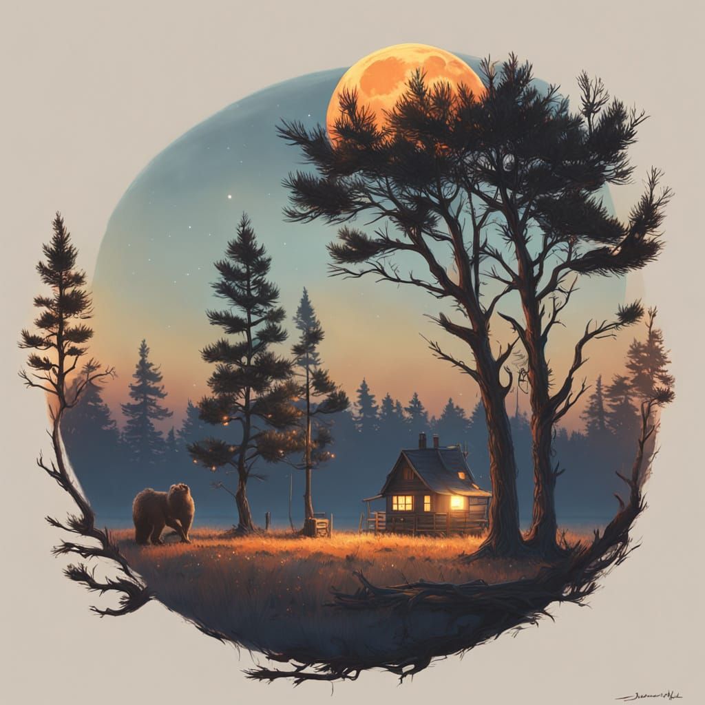 Pine Tree Against Harvest Moon in Stalenhag Style
