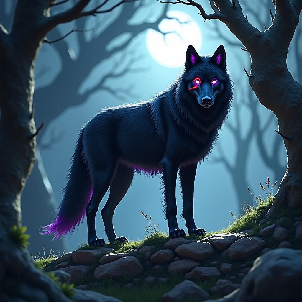 Mystical Black Wolf with Scar, in High-Fantasy Style