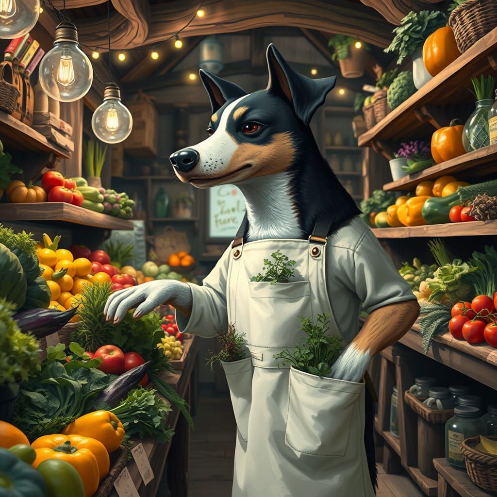 Anthropomorphic Dog Stocks Produce in Enchanted Grocery Stor...