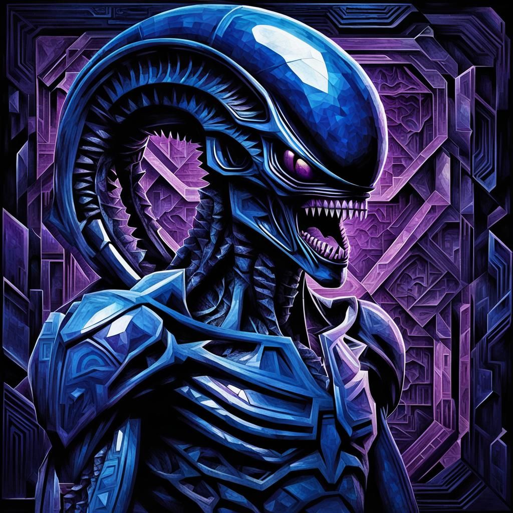 Mysterious Xenomorph Figure in Cubist Style