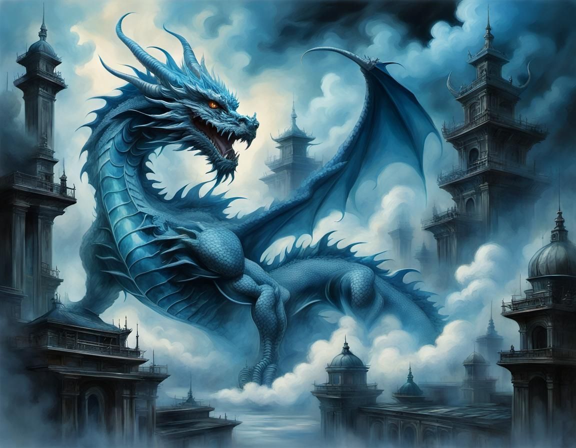 Cyberpunk Dragon Double Exposure Digital Watercolor