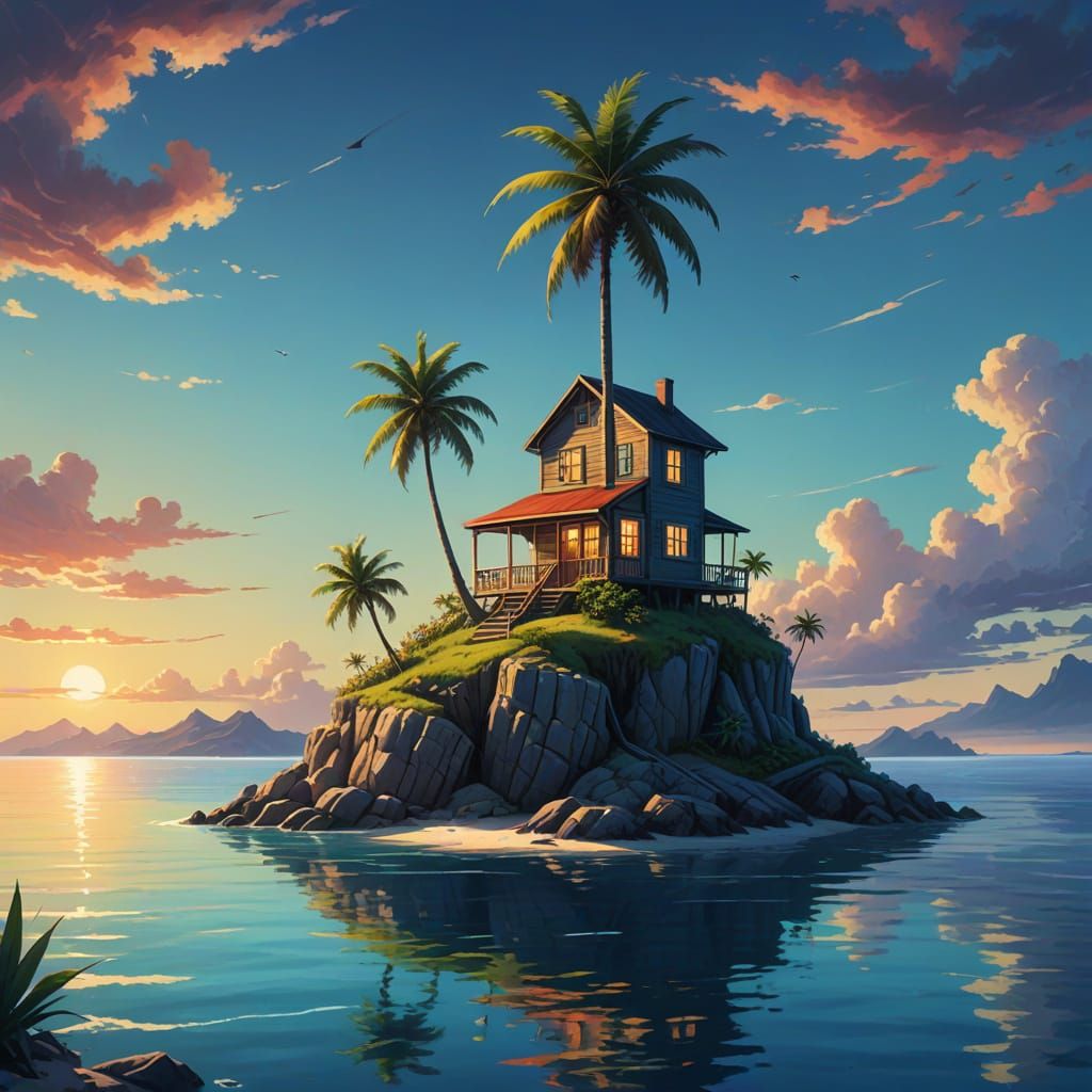 Dream House on Tropical Island in Vibrant Ocean