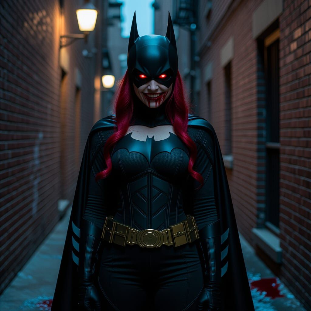 Vampire Batgirl in Dim Alley with Glowing Eyes