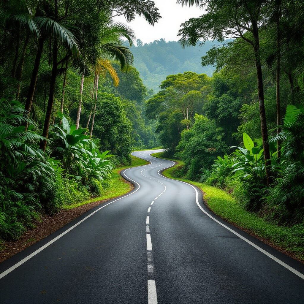 Impressionistic Tropical Forest Road with Water and Stone Wa...