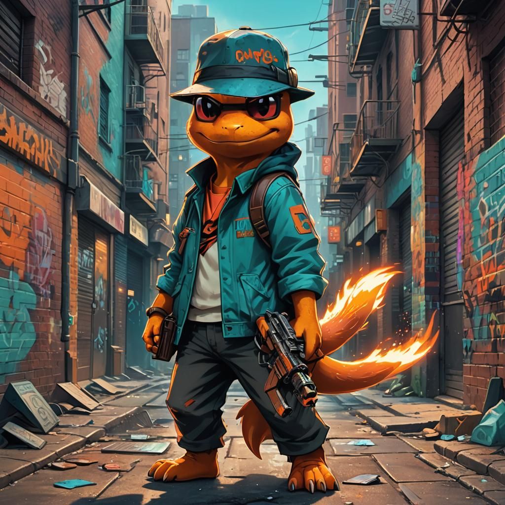 Gangster Charmander in City Alleyway Splash Art