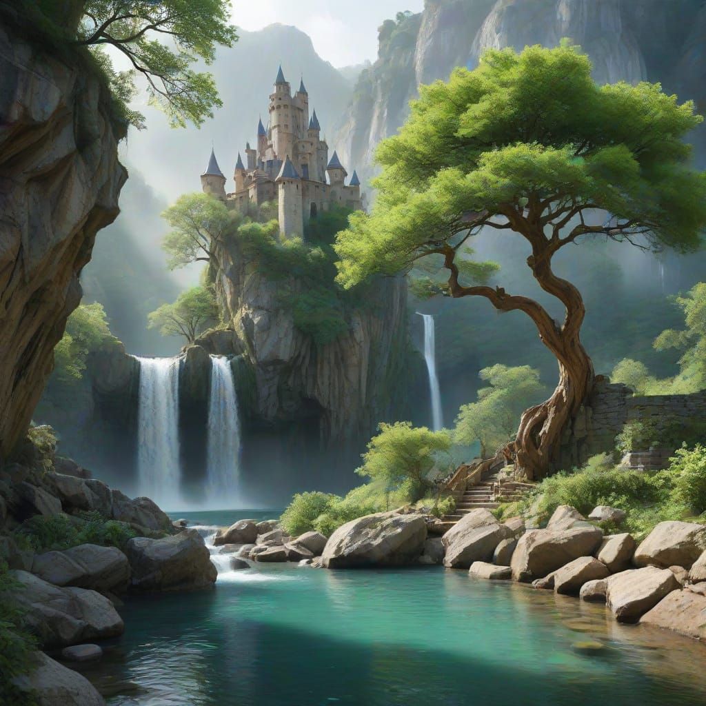 Enchanted Castle Amidst Ancient Tree, Watercolor Art