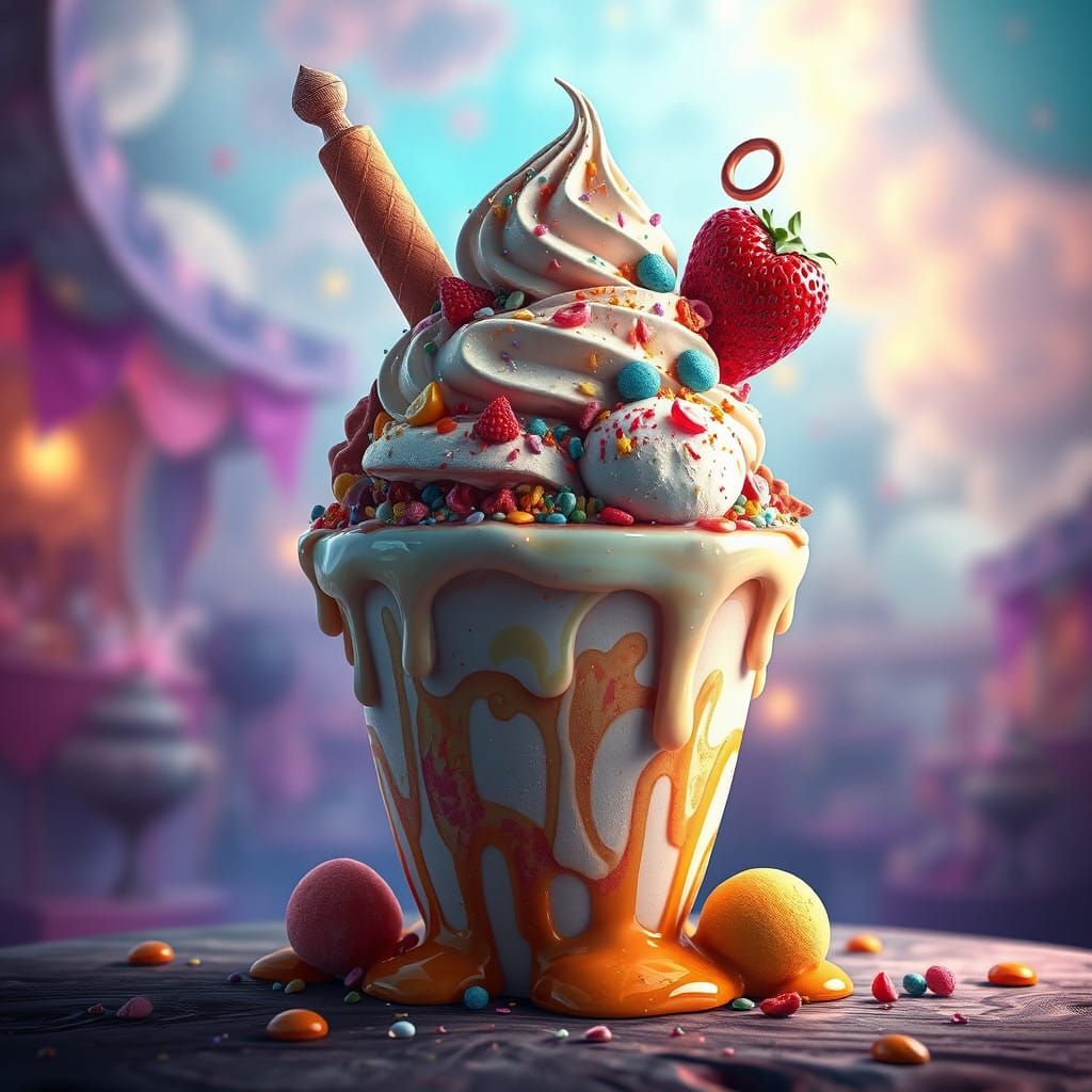 Whimsical Ice Cream Sundae in Dreamlike Fantasy Art