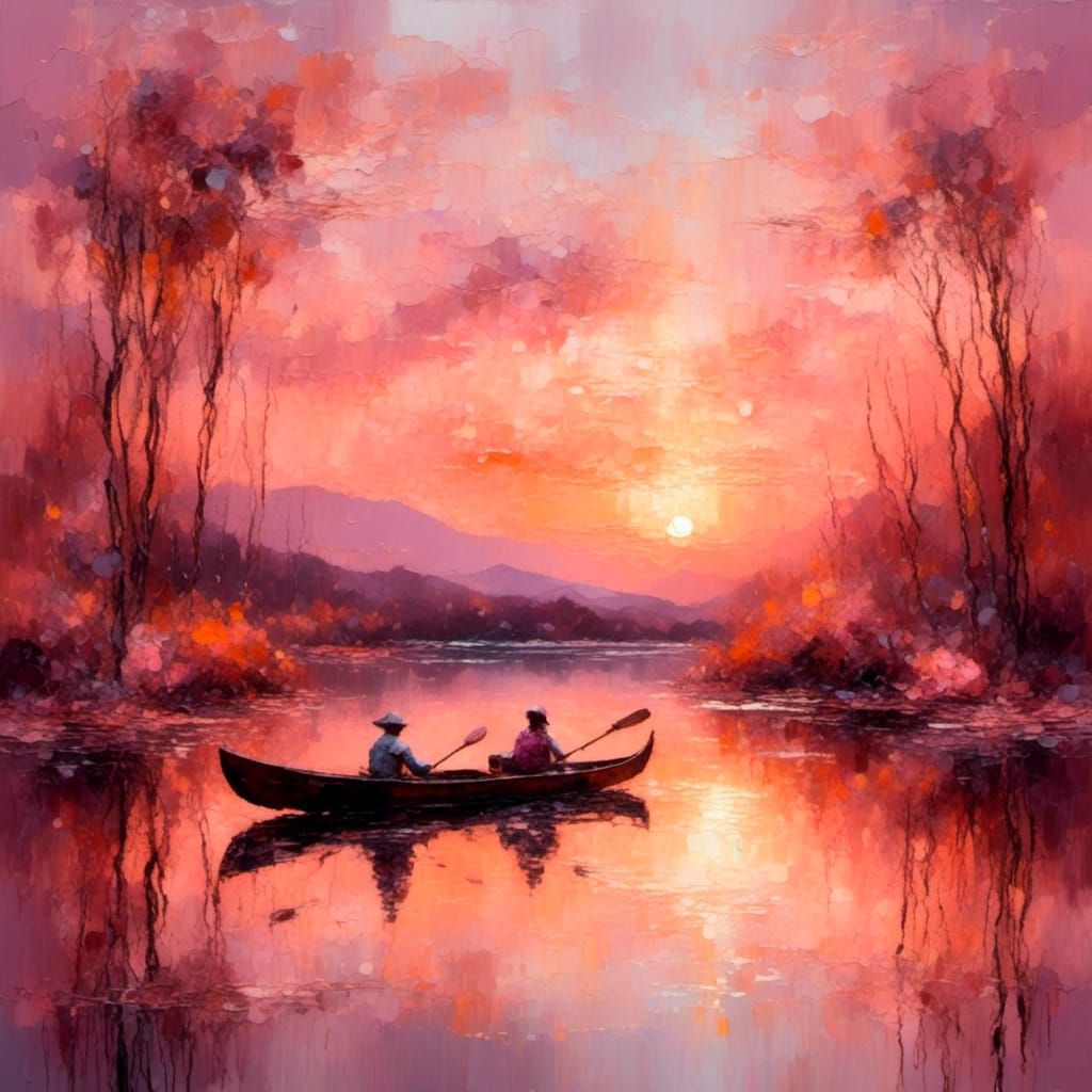 Impressionist Canoe Scene at Sunset